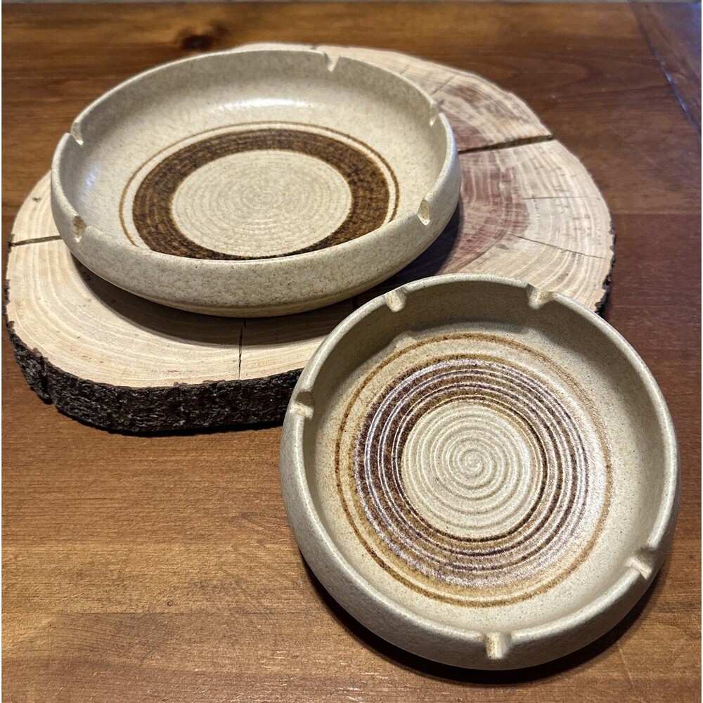2 Vintage Pottery Craft Hand Painted Mid Century Modern Ashtrays Decor Made USA